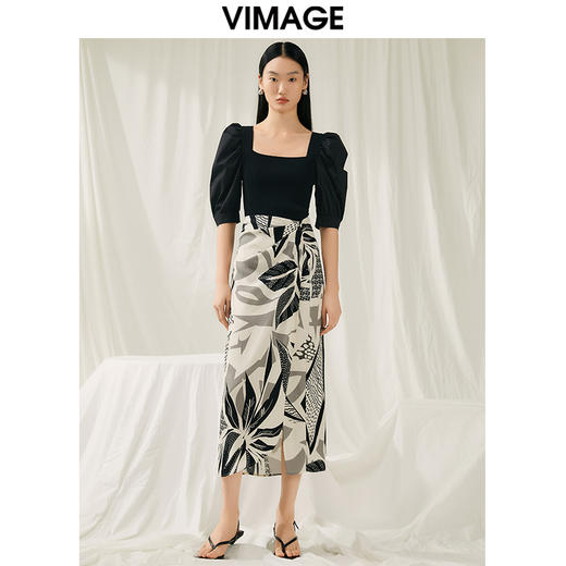 VIMAGE纬漫纪夏季新款高腰显瘦气质印花小众设计半裙V1906522 商品图1