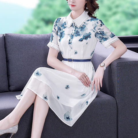 优雅妈妈装显瘦A字裙，印花短袖雪纺连衣裙AHM-ybb6831 商品图2