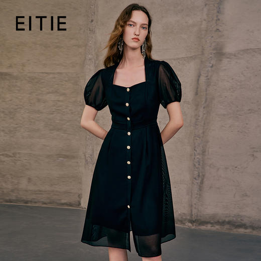 EITIE爱特爱夏季季新款显瘦透视拼接泡泡袖时尚优雅连衣裙7407120 商品图0