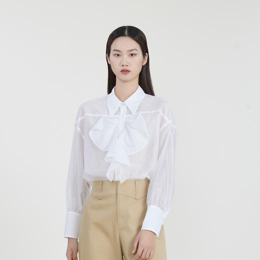 谜底通勤白衬衫女2023春季新款气质翻领单排扣衬衣长袖231MC0157 商品图0