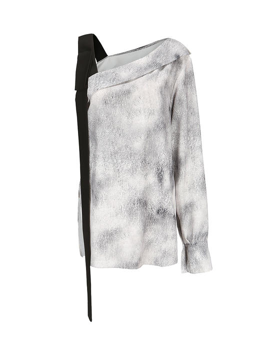 【理想后花园】品牌定制印花方条蝴蝶结飘带斜肩单袖上衣/230023B 商品图4