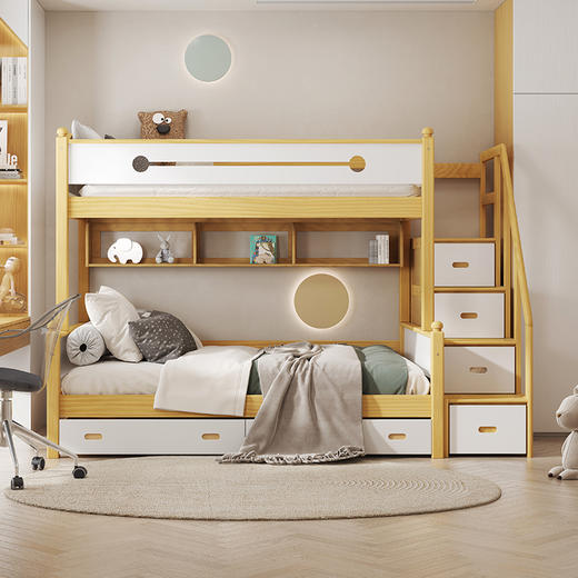 喜梦宝儿童床上下床全实木双层床松木高低双层床上下床子母床大白 商品图0
