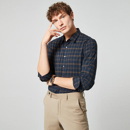 99XC42DC003【专柜定制刺绣款】罗蒙春夏长袖衬衫男士商务休闲百搭弹力刺绣格子衬衣男 商品图1