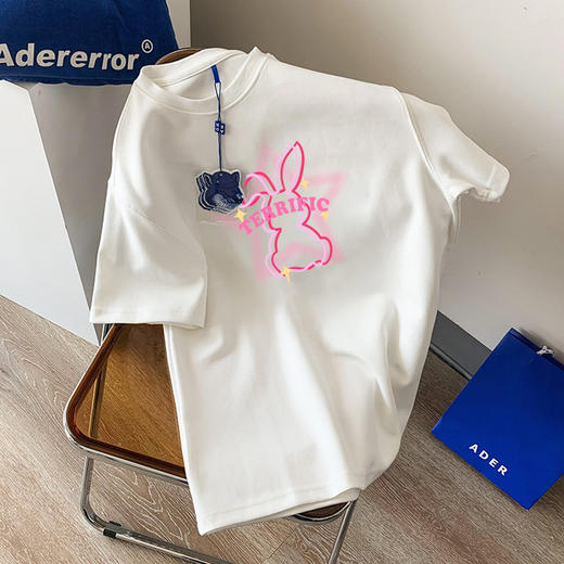 【男女同款，买1赠1】新款小兔子t恤短袖 小众设计感ins 夏季别致上衣服 黑色显瘦宽松半袖 商品图1