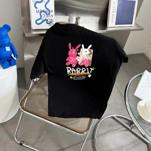 【男女同款，买1赠1】新款小兔子t恤短袖 小众设计感ins 夏季别致上衣服 黑色显瘦宽松半袖 商品图3