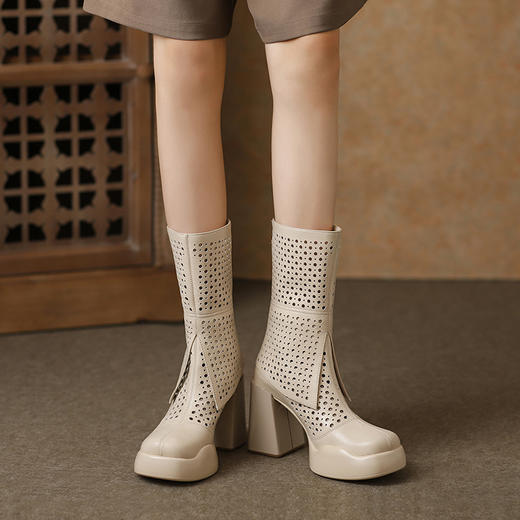 春夏新款，真皮洞洞鞋拼接防水台高跟中筒靴JH-701-3 商品图6