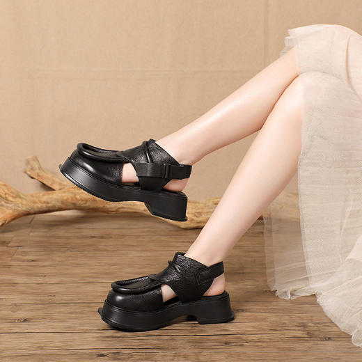 文艺复古手工牛皮女鞋，新款春夏季包头后空凉鞋厚底松糕鞋女BC-136-13 商品图4