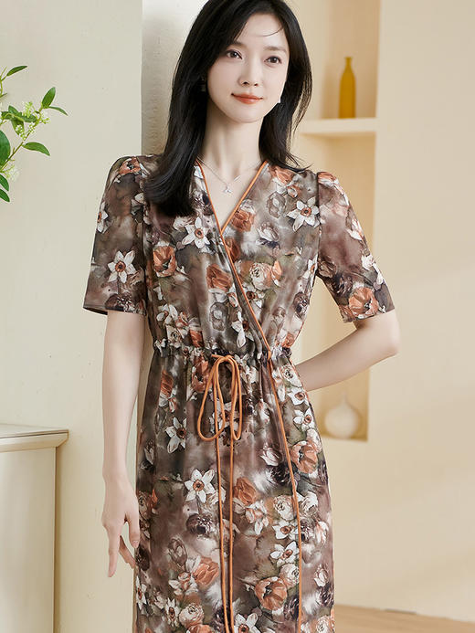 剩S 米思阳2024夏季新款优雅印花连衣裙100%桑蚕丝亲肤舒适中长裙0825 商品图1