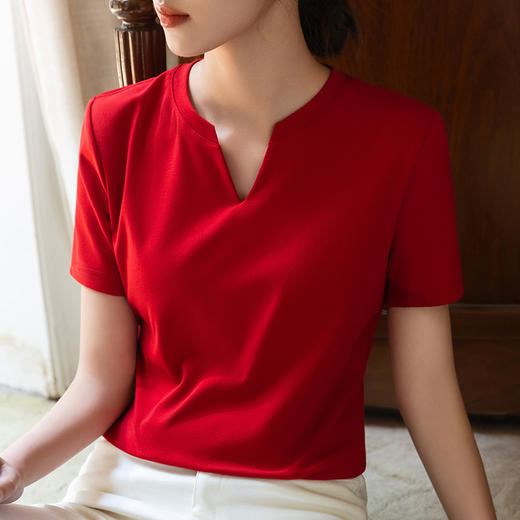 气质v领纯色棉体恤收腰设计感小众上衣SG-DY330378 商品图7