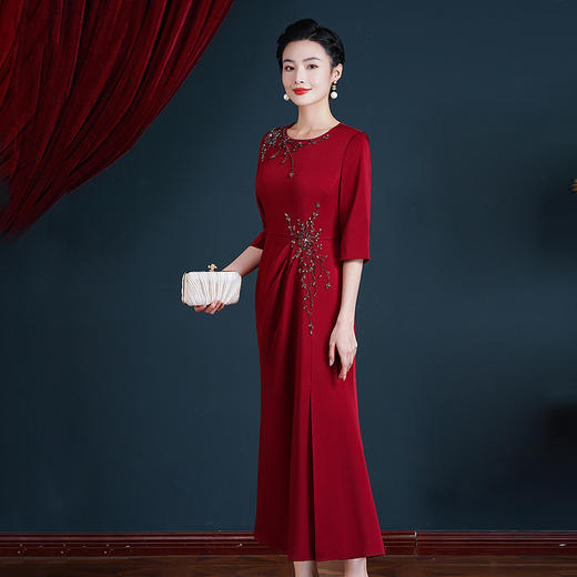 WX-8600长款中袖旗袍婚礼喜婆婆中长款女旗袍裙酒红色连衣裙 商品图2