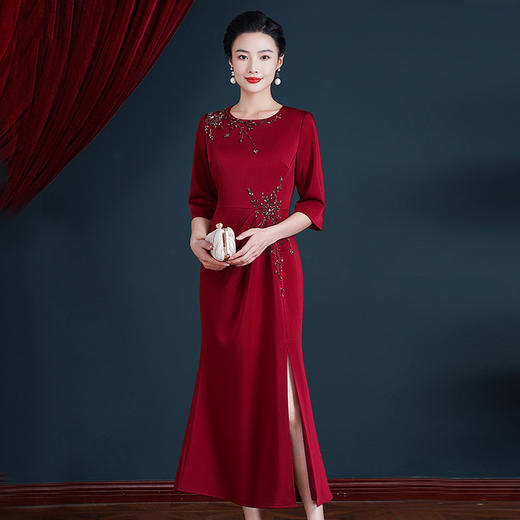 WX-8600长款中袖旗袍婚礼喜婆婆中长款女旗袍裙酒红色连衣裙 商品图1