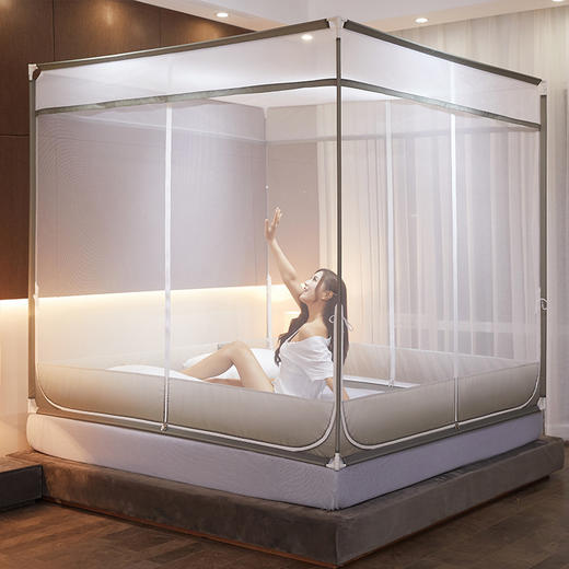【方顶坐床三开门蚊帐 360°全方位防蚊】三开加厚支架坐床式防摔T型蚊帐方顶拉链式加高加密帐纱家用 商品图1