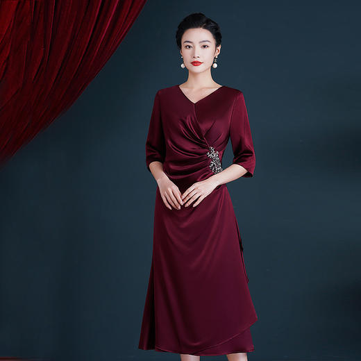 WX-8682醋酸旗袍酒红色婚宴旗袍裙中长款显瘦大码连衣裙夏季 商品图1
