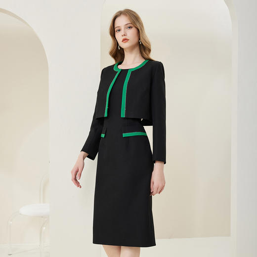 RE8A1斯尔丽瑟俪2023春上新撞色修身圆领烫钻两件套外套+连衣裙 商品图2