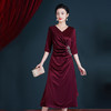 WX-8682醋酸旗袍酒红色婚宴旗袍裙中长款显瘦大码连衣裙夏季 商品缩略图3