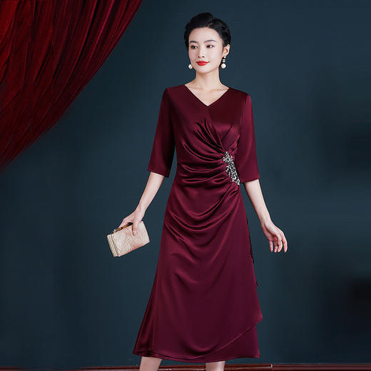 WX-8682醋酸旗袍酒红色婚宴旗袍裙中长款显瘦大码连衣裙夏季 商品图3