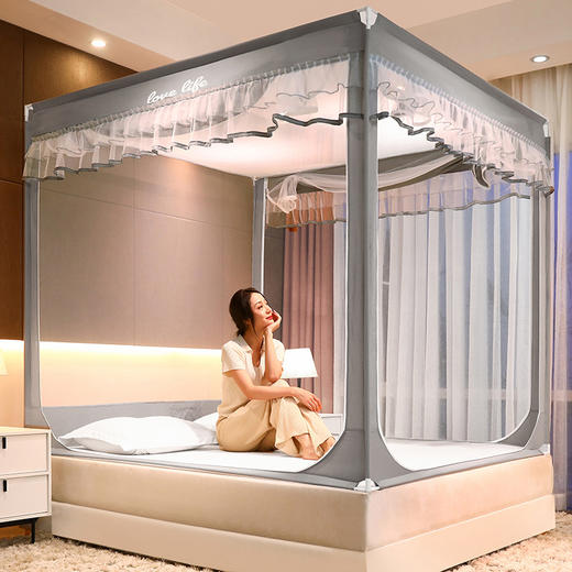 梦妮人夏季蚊帐三开门高端外穿杆坐床式蚊帐儿童防摔家用方形帐 商品图3