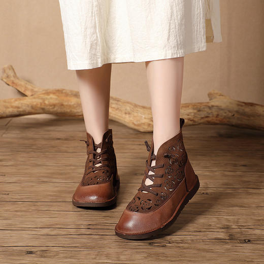 圆头软底牛皮凉靴，春夏季新款手工平底镂空单鞋女凉靴子BC-8210-1 商品图0