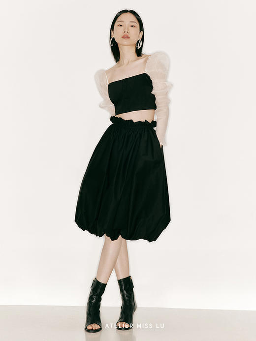 【雕刻空气】毛边抽褶高腰花苞半裙/2300013 商品图0