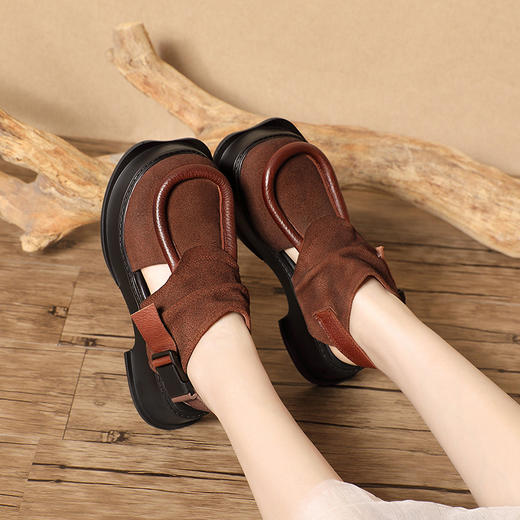 文艺复古手工牛皮女鞋，新款春夏季包头后空凉鞋厚底松糕鞋女BC-136-13 商品图1