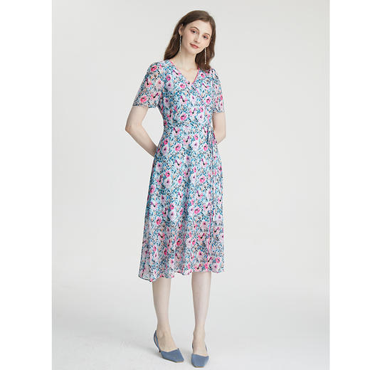 司歌V领印花雪纺短袖连衣裙A871026 商品图2