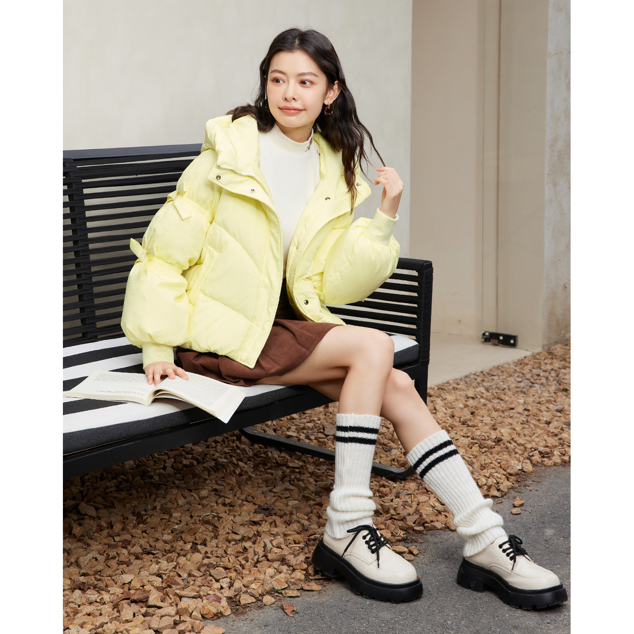 IEF/爱依服短款羽绒服女冬日系甜美宽松灯笼袖蝴蝶结连帽外套D37763