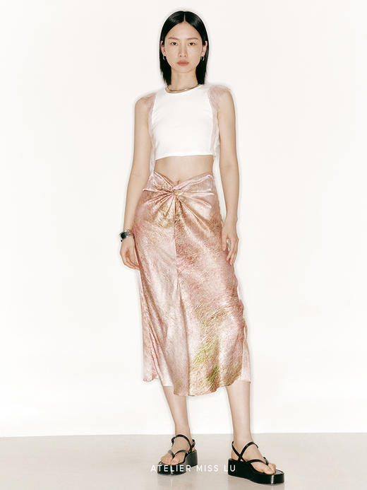 【纽园】品牌定制印花腰部纽结桑蚕丝立裁半裙/2300021B 商品图0