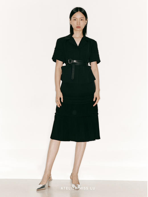 【钢琴黑键】横纵相间压褶设计高腰半裙/2300012 商品图0