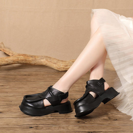 文艺复古手工牛皮女鞋，新款春夏季包头后空凉鞋厚底松糕鞋女BC-136-13 商品图2
