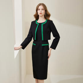 RE8A1斯尔丽瑟俪2023春上新撞色修身圆领烫钻两件套外套+连衣裙