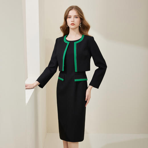 RE8A1斯尔丽瑟俪2023春上新撞色修身圆领烫钻两件套外套+连衣裙 商品图0
