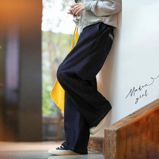 马登女装美式复古水洗蓝牛仔阔腿裤日系直筒休闲裤高腰显瘦瀑布裤 商品图2