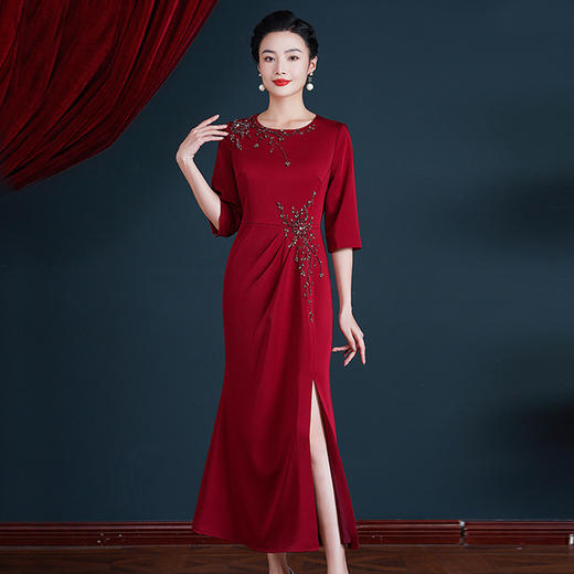 WX-8600长款中袖旗袍婚礼喜婆婆中长款女旗袍裙酒红色连衣裙 商品图0