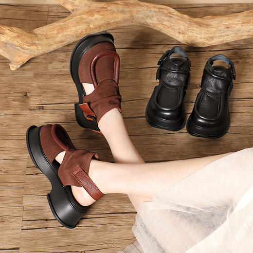 文艺复古手工牛皮女鞋，新款春夏季包头后空凉鞋厚底松糕鞋女BC-136-13 商品图3