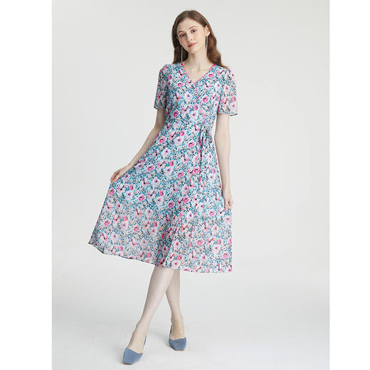 司歌V领印花雪纺短袖连衣裙A871026 商品图4