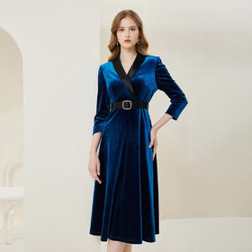 NA818斯尔丽瑟俪2023春季新款气质V领收腰显瘦A摆灯芯绒中长连衣裙