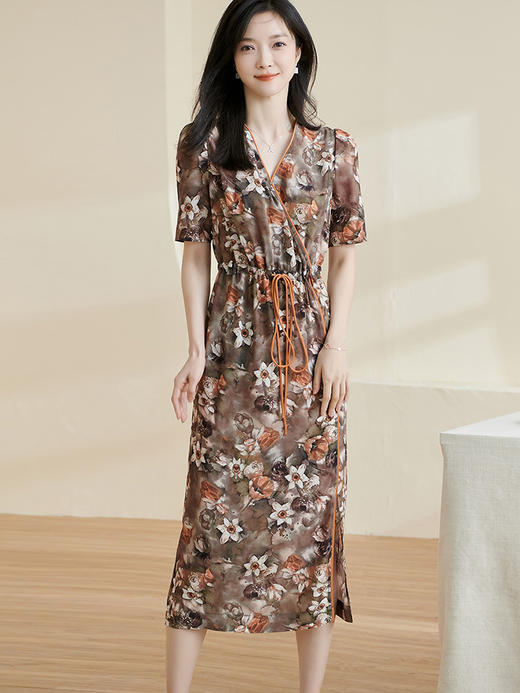 剩S 米思阳2024夏季新款优雅印花连衣裙100%桑蚕丝亲肤舒适中长裙0825 商品图2