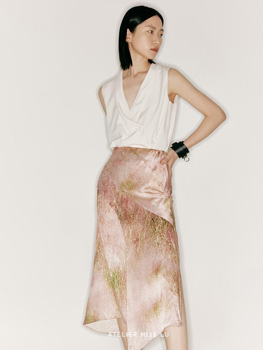 【春之草原】品牌定制印花桑蚕丝不规则斜裁半裙/2300015B 商品图1