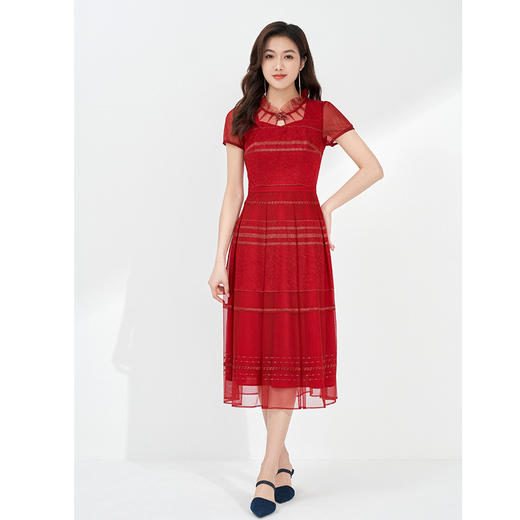 司歌小立领喜气短袖刺绣连衣裙A871214 商品图2