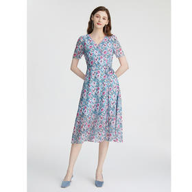 司歌V领印花雪纺短袖连衣裙A871026