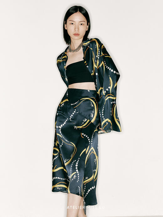 【星月轨迹】品牌定制印花桑蚕丝不规则斜裁半裙/2300015C 商品图1