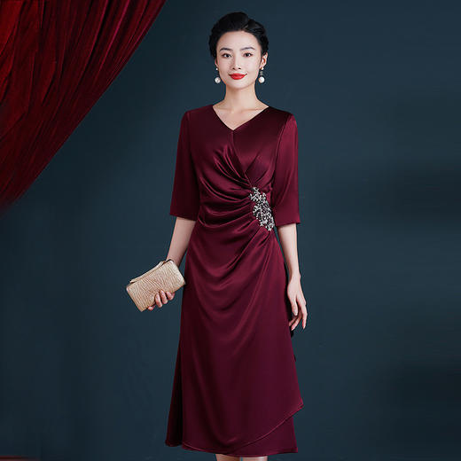WX-8682醋酸旗袍酒红色婚宴旗袍裙中长款显瘦大码连衣裙夏季 商品图0