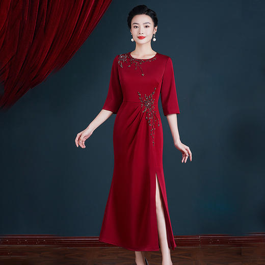 WX-8600长款中袖旗袍婚礼喜婆婆中长款女旗袍裙酒红色连衣裙 商品图3