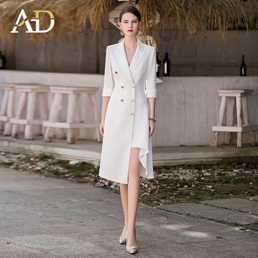 白色双排扣连衣裙女2023春夏七分袖不规则中长裙职业装a字裙子 商品图0