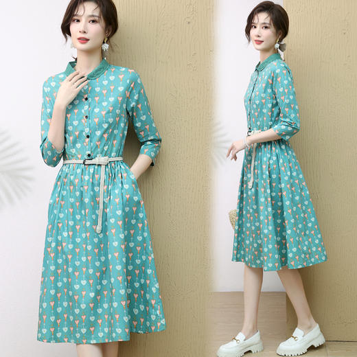 印花棉碎花知性优雅减龄修身连衣裙配腰带 商品图0