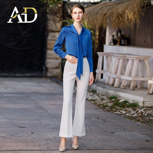 春季宝蓝色衬衫女高级感缎面长袖衬衣名媛气质两件套包臀鱼尾裙 商品图3