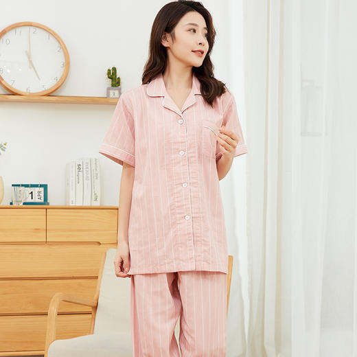 【竖条纹双层纱家居服】双层纱短袖家居服短袖全棉男女情侣竖条纹短袖长裤 商品图2
