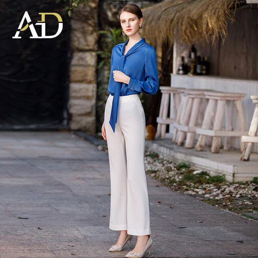 春季宝蓝色衬衫女高级感缎面长袖衬衣名媛气质两件套包臀鱼尾裙 商品图7