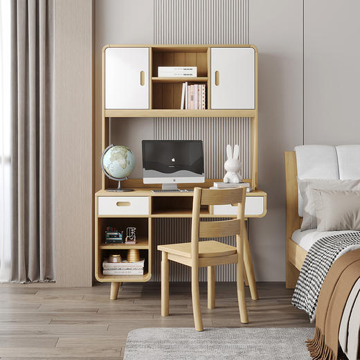 喜梦宝全实木书桌带书架学习桌家用电脑桌书房写字桌门店同款大白系列 商品图0