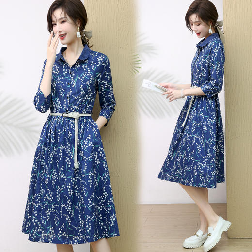 印花棉碎花知性优雅减龄修身连衣裙配腰带 商品图2